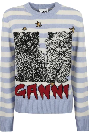 Ganni Truien, Dames, Blauw, S, Trui met lange mouwen met blauwe gestreepte kattengrafiek