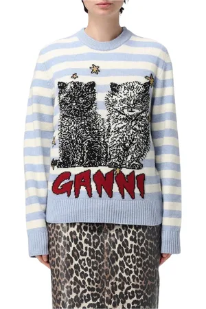 Ganni Truien, Dames, Blauw, XS, Wol, Gestreepte Kat Trui Blauw