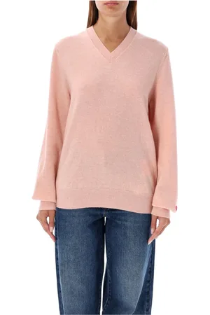 Comme des Garçons Truien, Dames, Roze, S, Wol, Lichtroze Gebreide Kleding met Rode Hart Patch