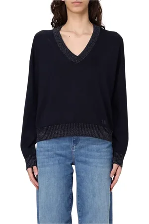 Liu Jo Truien, Dames, Blauw, S, Wol, Blauwe Glitter Trim Gebreide Trui