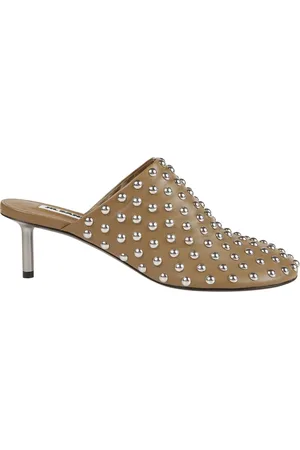 Jil Sander Schoenen, Dames, Bruin, 36 EU, Leer, Studded Khaki Leren Kitten Heel Muiltjes