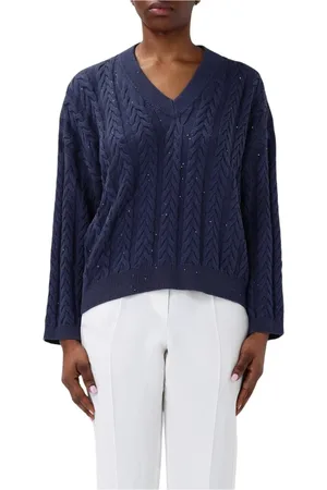 Brunello Cucinelli Truien, Dames, Blauw, M, Blauwe Cable Knit Cashmere Sweater