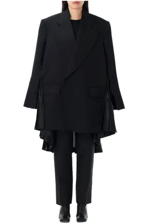 JUNYA WATANABE Jassen, Dames, Zwart, M, Wol, Zwarte Geplooide Lange Blazer Jas