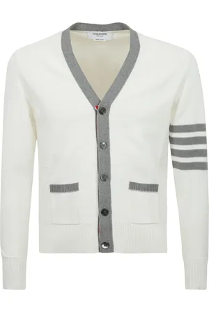 Thom Browne Truien, Heren, Wit, L, Katoen, Geborduurde Logo Cardigan met Contrast Trim