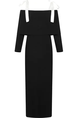 ROTATE Kleedjes, Dames, Zwart, S, Polyester, Zwarte lange jurk met blote schouders