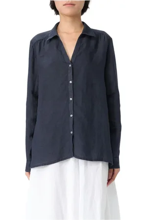 120% Lino Blouses & Shirts, Dames, Blauw, XS, Linnen, Witte Linnen V-hals Shirt
