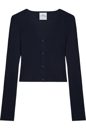 Courrèges Truien, Dames, Blauw, XS, Blauwe V-hals trui met logo-applicatie