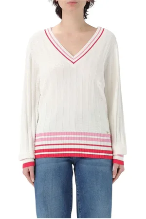 Liu Jo Truien, Dames, Wit, XS, Witte Geribbelde V-hals Trui