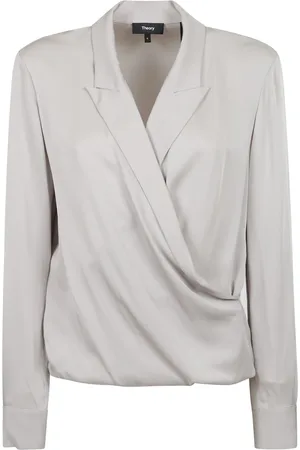 THEORY Blouses & Shirts, Dames, Grijs, M, Zwarte blouse met lange mouwen en speer revers