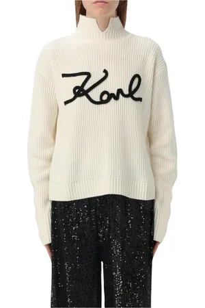 Karl Lagerfeld Truien, Dames, Wit, L, Wol, Merino wollen Mock Neck Sweater