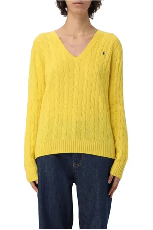Ralph Lauren Truien, Dames, Geel, XS, Katoen, Citroen Kabel Gebreide V-Hals Sweater