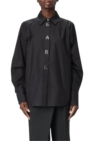 Karl Lagerfeld Blouses & Shirts, Dames, Zwart, S, Versierde Popeline Overhemd