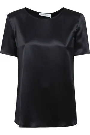 Max Mara Blouses & Shirts, Dames, Blauw, M, Zijden blouse met korte mouwen en zijsplitten