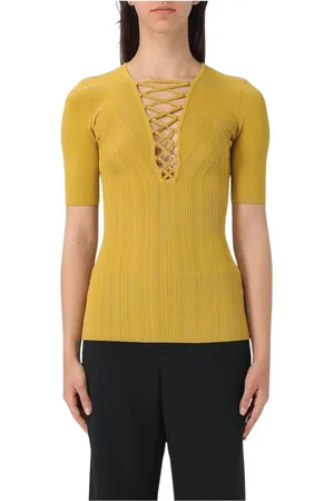 Elisabetta Franchi Tops, Dames, Geel, S, Geribbelde Gebreide Top in Oker