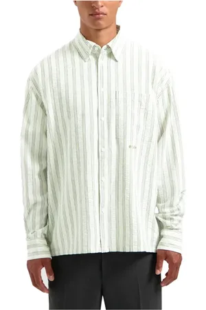 OLAF HUSSEIN Overhemden, Heren, Wit, XL, Polyester, Groen Wit Seersucker Boxy Shirt