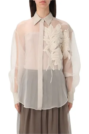 Brunello Cucinelli Blouses & Shirts, Dames, , S, Bloemen Geborduurde Zijden Blouse