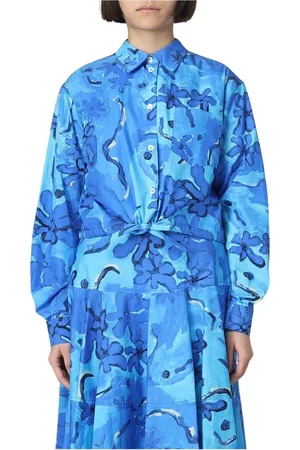 Marni Blouses & Shirts, Dames, Blauw, S, Katoen, Blauwe Bloemen Poplin Overhemdjurk