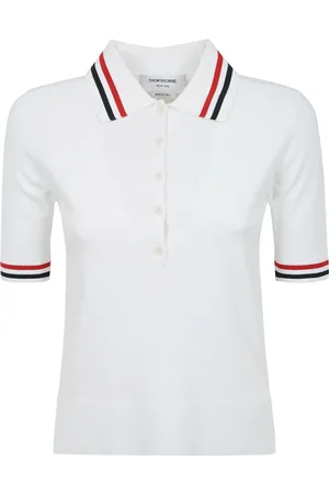 Thom Browne Tops, Dames, Wit, S, Polyester, Gestreept Jersey Polo Shirt