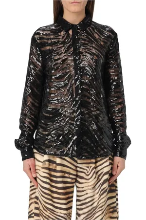 Roberto Cavalli Blouses & Shirts, Dames, Zwart, XS, Zebra Print Kant Blouse