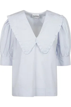 Ganni Blouses & Shirts, Dames, Paars, L, Katoen, Blauwe blouse met korte mouwen en ruches