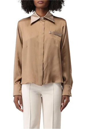 HEBE STUDIO Blouses & Shirts, Dames, Bruin, L, Elegant Camel Zijden Blouse Shirt