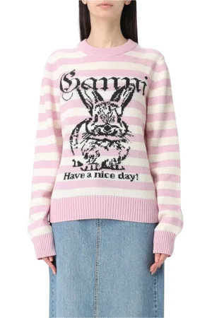 Ganni Truien, Dames, Roze, M, Wol, Roze Konijn Print Gebreide Trui