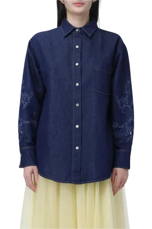 FORTE FORTE Blouses & Shirts, Dames, Blauw, S, Denim, Blauwe Geborduurde Denim Overhemd