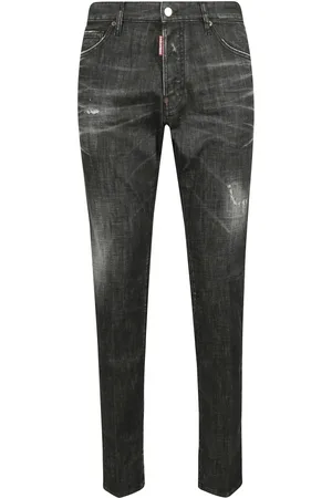 Dsquared2 Jeans, Heren, Zwart, S, Denim, Denim Jeans met knoopsluiting en leren logopatch