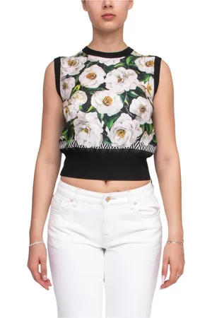 Dolce & Gabbana Tops, Dames, Veelkleurig, S, Zwarte Twill Tanktop Gardenia Stijl