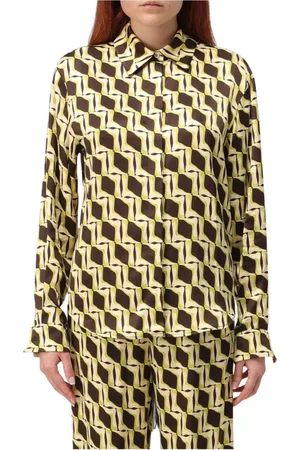 Msgm Blouses & Shirts, Dames, Bruin, S, Zijden Geometrische Print Blouse