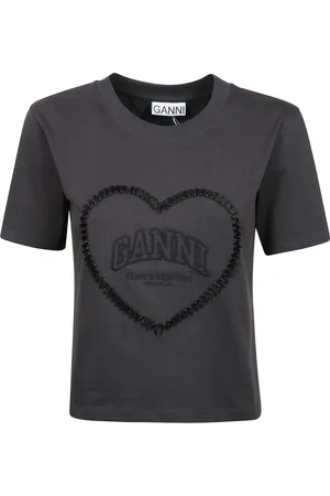 Ganni Tops, Dames, Zwart, XS, Katoen, Zwarte Katoenen T-shirt met Geborduurd Hart