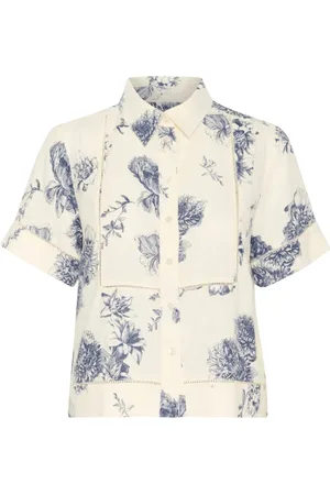 Part Two Blouses & Shirts, Dames, Blauw, M, Linnen, Stunning Flower Print Overhemdblouse