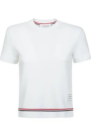 Thom Browne Truien, Dames, Wit, 3Xs, Katoen, Geribbelde ronde hals T-shirt met knoopdetails