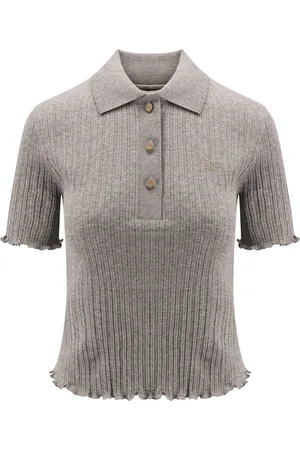 Fendi Tops, Dames, Grijs, M, Katoen, Gebreid katoenen poloshirt met logo