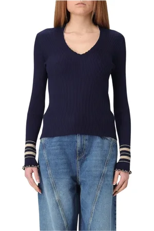 Twin-Set Truien, Dames, Blauw, XL, Blauwe Geribbelde V-hals Trui