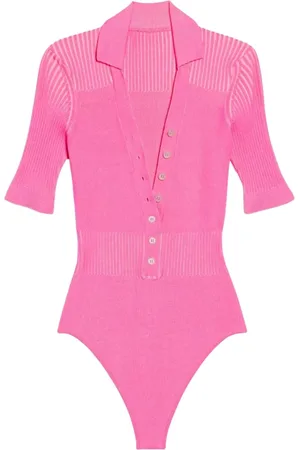 Jacquemus Tops, Dames, Roze, M, Wol, Roze Geribbelde Polo Bodysuit