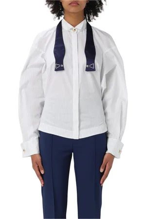 Elisabetta Franchi Blouses & Shirts, Dames, Wit, XL, Katoen, Witte Gestreepte Poplin Overhemd met Strik