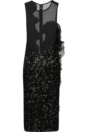 ROTATE Kleedjes, Dames, Zwart, M, Pailletten, Midi jurk met ruches en pailletten