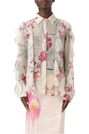 BLUMARINE Blouses & Shirts, Dames, Veelkleurig, L, Witte Bloemen Zijden Blouse Gerimpelde Mouwen