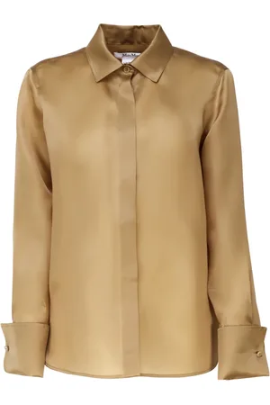 Max Mara Blouses & Shirts, Dames, Bruin, S, Leer, Zijden Italiaanse Kraag Knoop Shirt