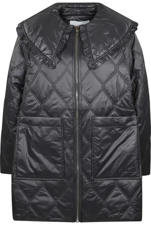 Ganni Jassen, Dames, Zwart, S, Nylon, Gewatteerde Diamant Blauw-Grijze Pufferjas