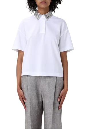 Brunello Cucinelli Tops, Dames, Wit, L, Katoen, Witte Polo Shirt met Versierde Kraag