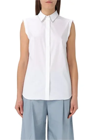 Brunello Cucinelli Blouses & Shirts, Dames, Wit, L, Katoen, Bruine Mouwloze Katoenen Overhemd met Kraag