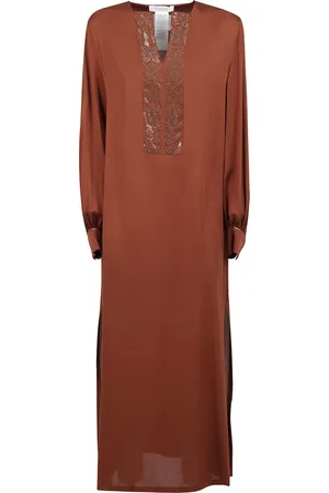 Max Mara Kleedjes, Dames, Bruin, S, Zijden tuniekjurk met versierd plastron