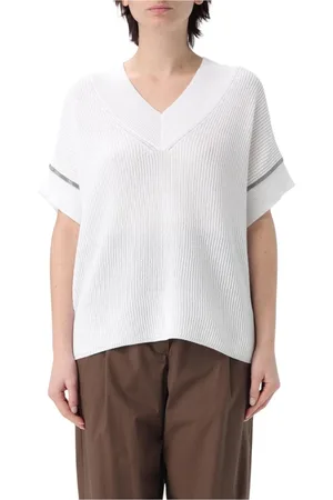 Brunello Cucinelli Truien, Dames, Wit, M, Katoen, Witte Geribbelde Korte Mouw Trui
