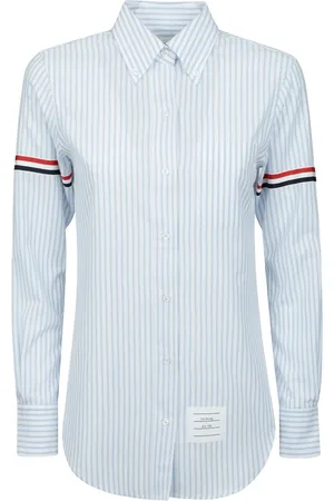 Thom Browne Blouses & Shirts, Dames, Blauw, 2Xs, Katoen, Gestreept overhemd met iconische details