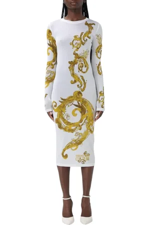 VERSACE Kleedjes, Dames, Wit, S, Barok Print Elegant Midi Jurk