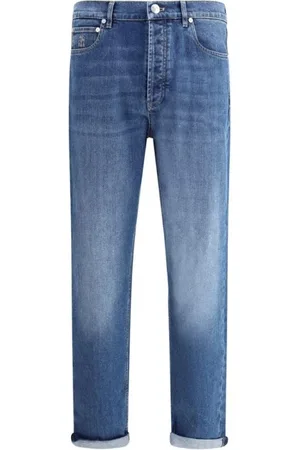 Brunello Cucinelli Jeans, Heren, Blauw, 2Xl, Katoen, Luxe Rechte Katoenen Jeans Leren Patch