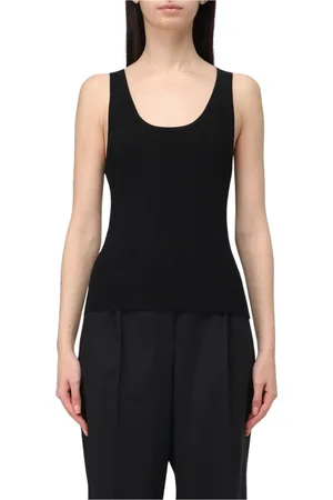 Michael Kors Tops, Dames, Zwart, M, Wol, Geribbelde Gebreide Mouwloze Chique Zwarte Top