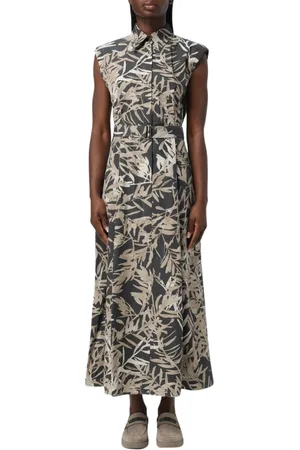 Brunello Cucinelli Kleedjes, Dames, Veelkleurig, L, Katoen, Bruine Maxi Jurk met Riem